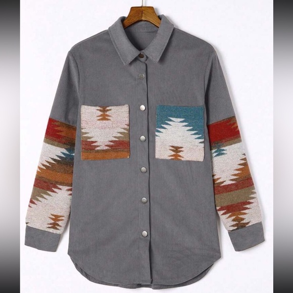 Cozy Boho Aztec Print Corduroy Pocket Jacket Shacket Button Down Shirt - Picture 4 of 6